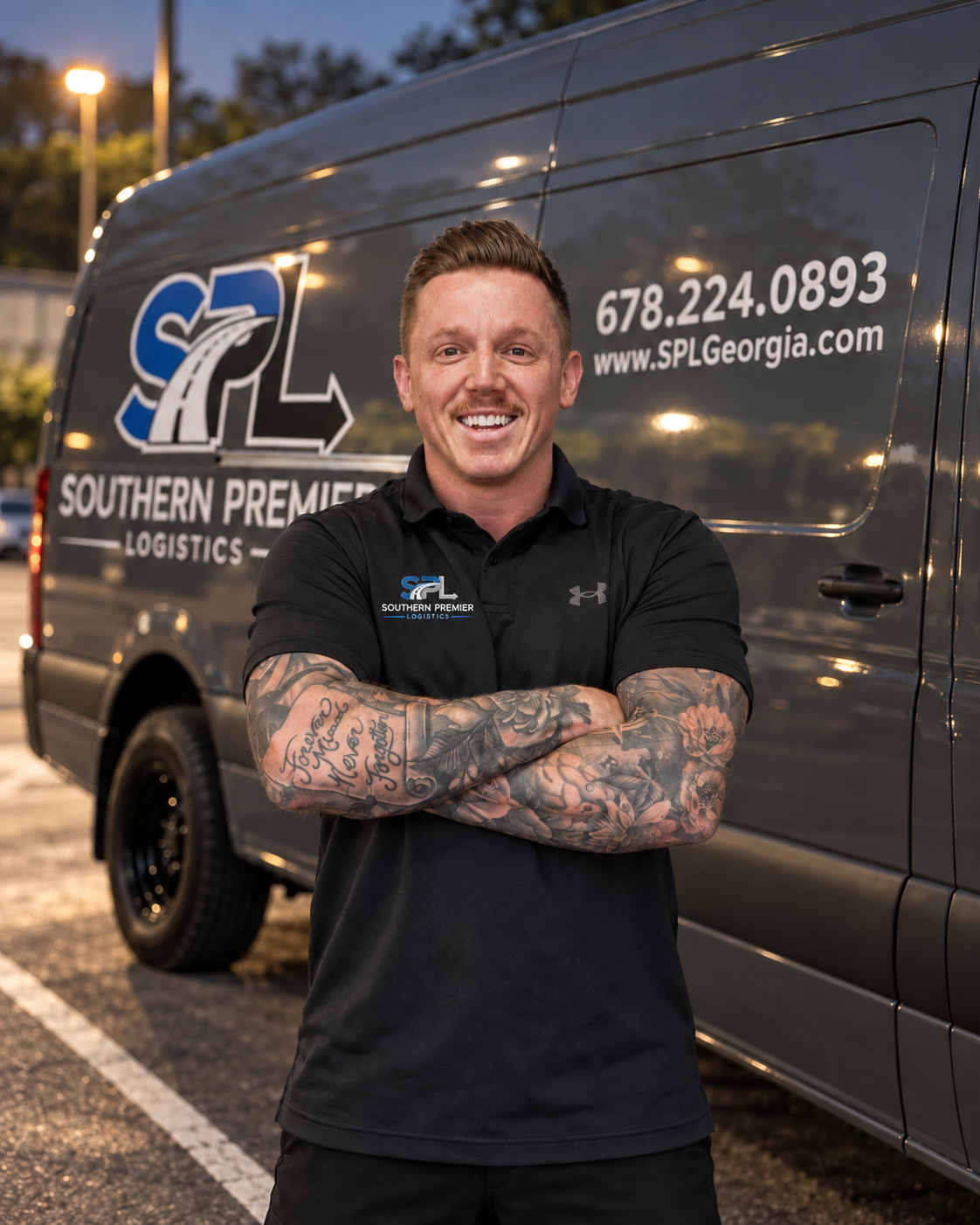 Ricky Ponjevic, Owner and Founder of Southern Premier Logistics, standing with arms crossed in front of a company van